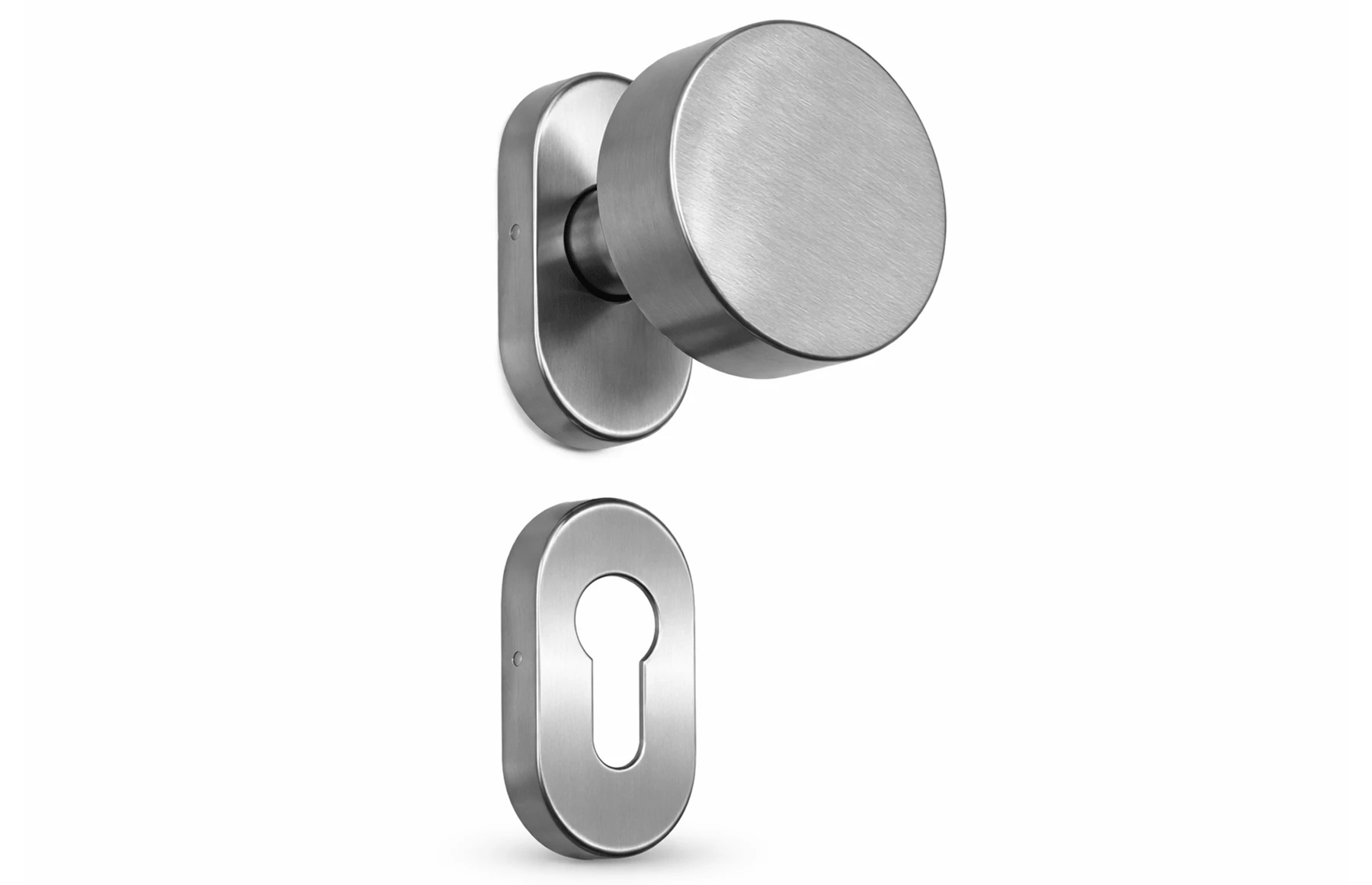 Set mânere poartă inox satinat AISI 316, cu buton cilindric cu arc, Premium – Virtuoso