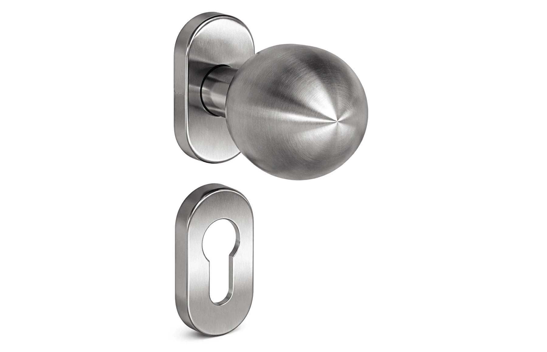 Set mânere poartă inox satinat AISI 316, buton bilă cu arc, Premium - Virtuoso