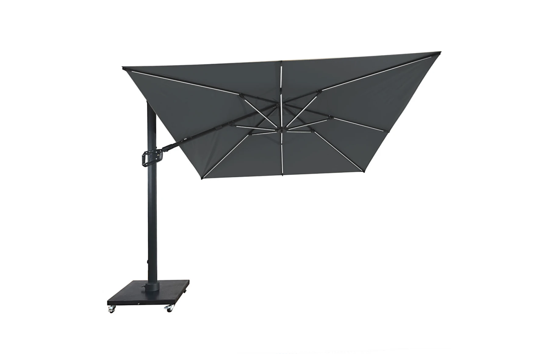 Umbrela de soare 3x3m pentru terasa si gradina, aluminiu, pliabila,cu LED culoare gri antracit, include suport granit