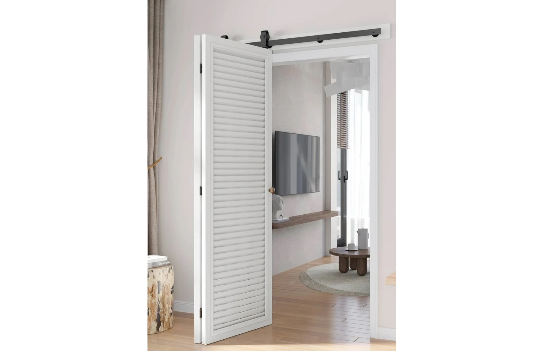 Set de feronerie pentru usa glisanta tip hambar bi-fold, lungima usa 2metri, otel zincat vopsit electrostatic