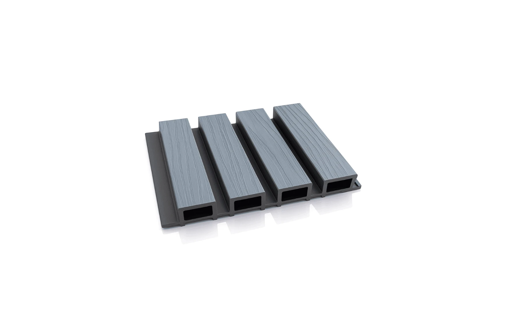 Riflaj WPC coextrudat canelat gri inchis pe fond negru, Dimensiune: 219x26mm, Lungime 3600mm