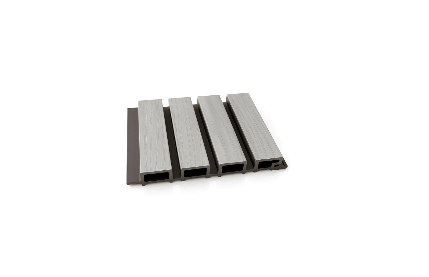 Riflaj WPC coextrudat canelat gri deschis pe fond negru, Dimensiune: 219x26mm, Lungime 3600mm