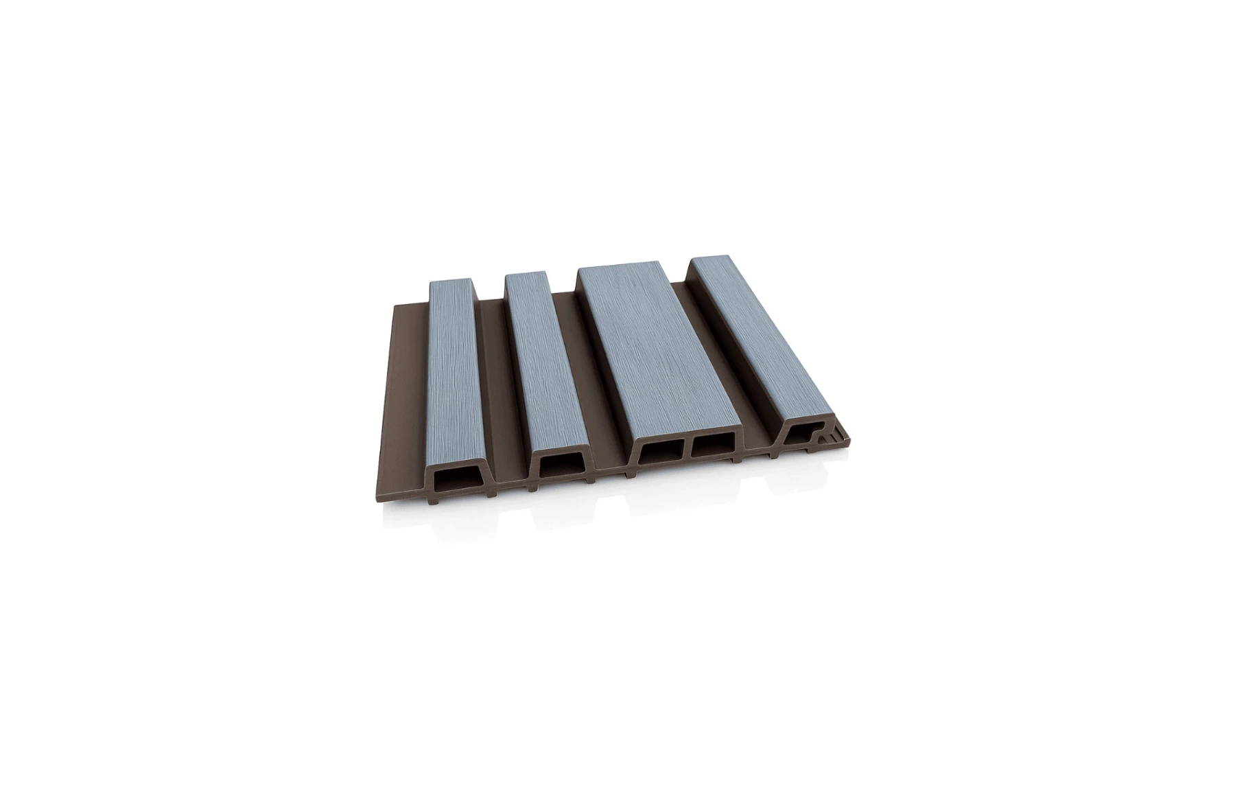 Riflaj WPC coextrudat canelat asimetric gri inchis pe fond maro, Dimensiune: 220x26mm, Lungime 3600mm
